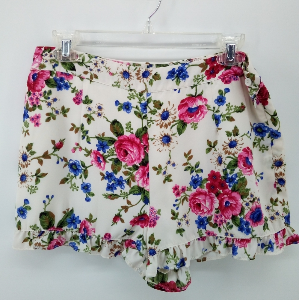 Forever 21 White Floral Ruffle Shorts Pink Blue Flowers L Spring Hidden Zipper - Picture 3 of 9